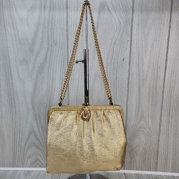 Vintage 60s 70s Gold Lame Evening Clutch Purse 6" Chain Strap Sparkly Holiday - Picture 6 of 16